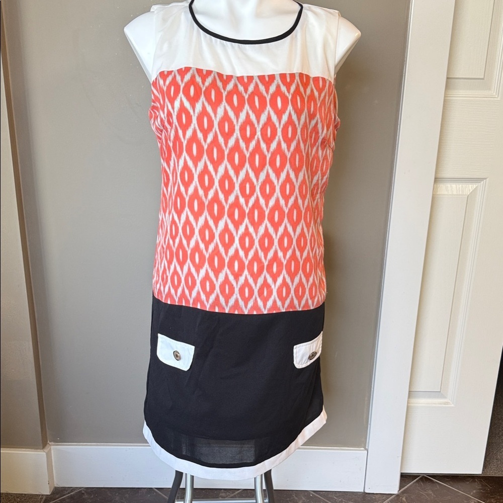 Coco & Tashi Dress with Orange Pattern and Black Accents